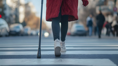 A visually impaired person confidently walking in the city with a smart AI cane. Ideal for inclusive tech, accessibility, and social equality themes.の写真素材