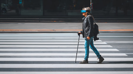 A visually impaired person confidently walking in the city with a smart AI cane. Ideal for inclusive...