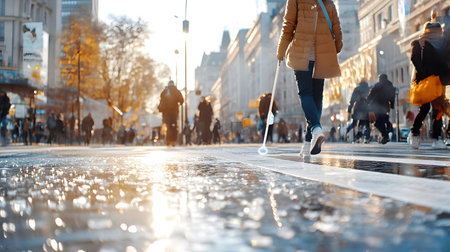 A visually impaired person confidently walking in the city with a smart AI cane. Ideal for inclusive...