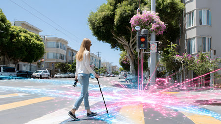 A visually impaired person confidently walking in the city with a smart AI cane. Ideal for inclusive...