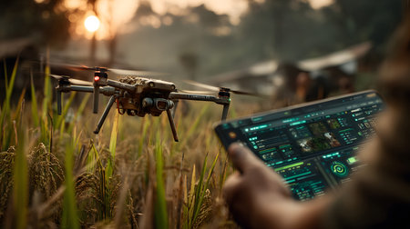 A drone flying above green rice fields during sunset, scanning crops with AI technology. Perfect for...
