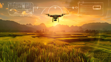 A drone flying above green rice fields during sunset, scanning crops with AI technology. Perfect for...