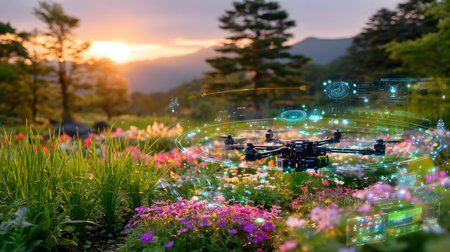 A drone flying above green rice fields during sunset, scanning crops with AI technology. Perfect for agriculture, smart farming, and tech applications.の写真素材
