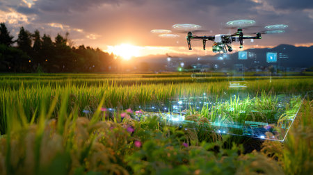 A drone flying above green rice fields during sunset, scanning crops with AI technology. Perfect for...
