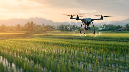 A drone flying above green rice fields during sunset, scanning crops with AI technology. Perfect for agriculture, smart farming, and tech applications.の写真素材