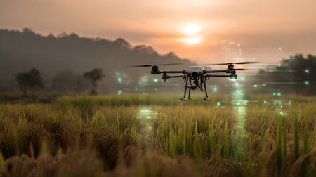 A drone flying above green rice fields during sunset, scanning crops with AI technology. Perfect for...