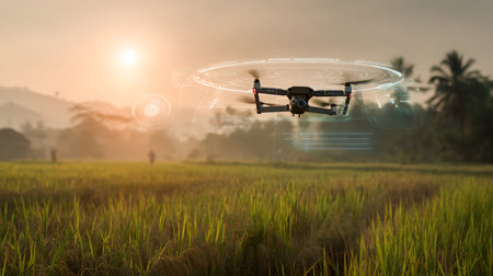A drone flying above green rice fields during sunset, scanning crops with AI technology. Perfect for...