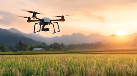 A drone flying above green rice fields during sunset, scanning crops with AI technology. Perfect for...