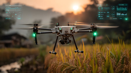 A drone flying above green rice fields during sunset, scanning crops with AI technology. Perfect for...