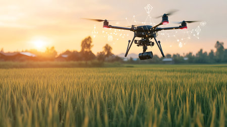 A drone flying above green rice fields during sunset, scanning crops with AI technology. Perfect for...