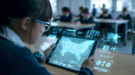 Illustration of a student interacting with an AI tutor application on a tablet showing holographic interface in a modern classroom. Perfect for e-learning and educational technology.の写真素材