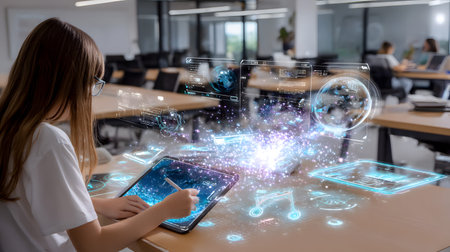 Illustration of a student interacting with an AI tutor application on a tablet showing holographic...