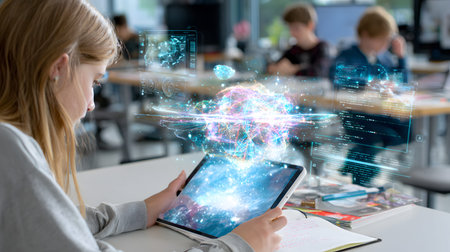 Illustration of a student interacting with an AI tutor application on a tablet showing holographic...