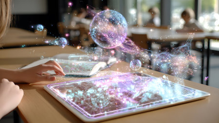 Illustration of a student interacting with an AI tutor application on a tablet showing holographic interface in a modern classroom. Perfect for e-learning and educational technology.の写真素材