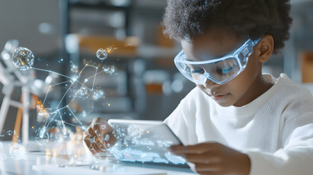 Illustration of a student interacting with an AI tutor application on a tablet showing holographic interface in a modern classroom. Perfect for e-learning and educational technology.の写真素材