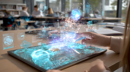 Illustration of a student interacting with an AI tutor application on a tablet showing holographic interface in a modern classroom. Perfect for e-learning and educational technology.の写真素材