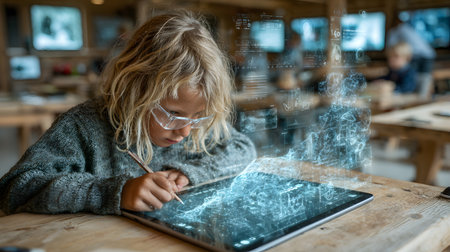 Illustration of a student interacting with an AI tutor application on a tablet showing holographic interface in a modern classroom. Perfect for e-learning and educational technology.の写真素材