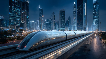 Dynamic illustration of a hyperloop train speeding through a glowing futuristic cityscape. Perfect for urban planning, tech, and transportation themes.の写真素材