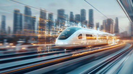 Dynamic illustration of a hyperloop train speeding through a glowing futuristic cityscape. Perfect for urban planning, tech, and transportation themes.の写真素材