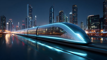 Dynamic illustration of a hyperloop train speeding through a glowing futuristic cityscape. Perfect...