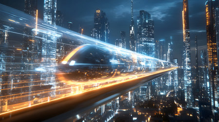 Dynamic illustration of a hyperloop train speeding through a glowing futuristic cityscape. Perfect...