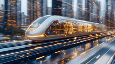 Dynamic illustration of a hyperloop train speeding through a glowing futuristic cityscape. Perfect for urban planning, tech, and transportation themes.の写真素材