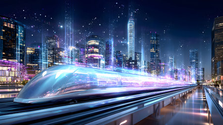 Dynamic illustration of a hyperloop train speeding through a glowing futuristic cityscape. Perfect...