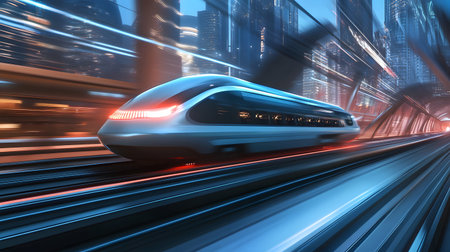 Dynamic illustration of a hyperloop train speeding through a glowing futuristic cityscape. Perfect...