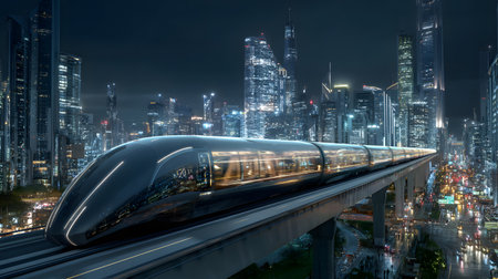 Dynamic illustration of a hyperloop train speeding through a glowing futuristic cityscape. Perfect for urban planning, tech, and transportation themes.の写真素材