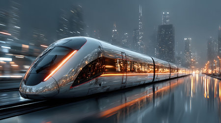 Dynamic illustration of a hyperloop train speeding through a glowing futuristic cityscape. Perfect for urban planning, tech, and transportation themes.の写真素材