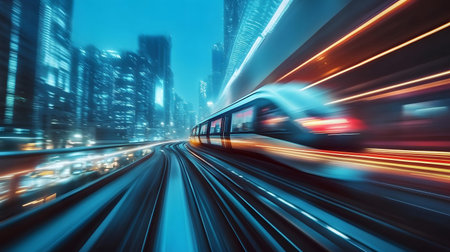 Dynamic illustration of a hyperloop train speeding through a glowing futuristic cityscape. Perfect...