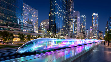 Dynamic illustration of a hyperloop train speeding through a glowing futuristic cityscape. Perfect...