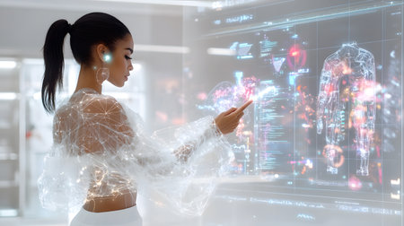 A person stands in front of a holographic mirror trying on digital clothes virtually. Perfect for fashion, retail tech, and shopping innovation themes.の写真素材