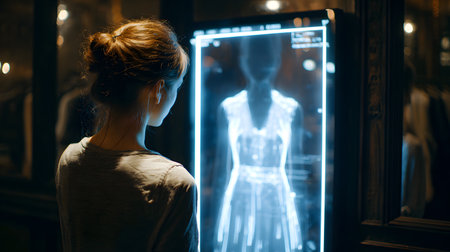 A person stands in front of a holographic mirror trying on digital clothes virtually. Perfect for fashion, retail tech, and shopping innovation themes.の写真素材