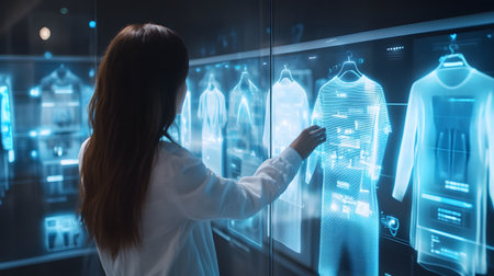 A person stands in front of a holographic mirror trying on digital clothes virtually. Perfect for fashion, retail tech, and shopping innovation themes.の写真素材