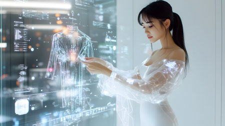 A person stands in front of a holographic mirror trying on digital clothes virtually. Perfect for fashion, retail tech, and shopping innovation themes.の写真素材
