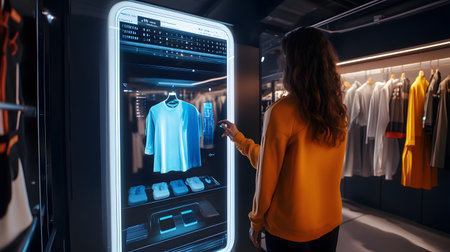 A person stands in front of a holographic mirror trying on digital clothes virtually. Perfect for fashion, retail tech, and shopping innovation themes.の写真素材