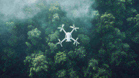 A drone uses AI tracking systems to monitor animals in a lush wildlife preserve. Great for conservation, research, and environmental themes.の写真素材