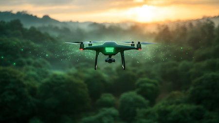 A drone uses AI tracking systems to monitor animals in a lush wildlife preserve. Great for conservation, research, and environmental themes.の写真素材
