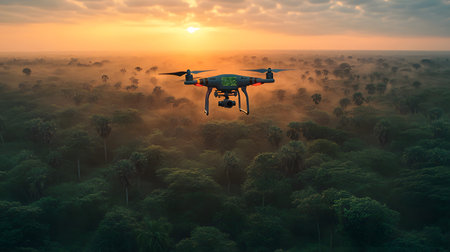 A drone uses AI tracking systems to monitor animals in a lush wildlife preserve. Great for...