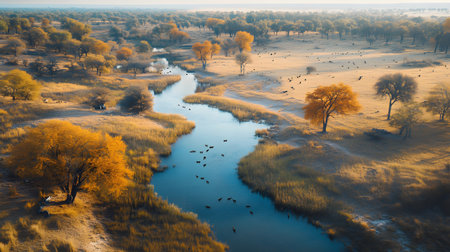 A drone uses AI tracking systems to monitor animals in a lush wildlife preserve. Great for conservation, research, and environmental themes.の写真素材