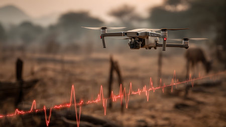 A drone uses AI tracking systems to monitor animals in a lush wildlife preserve. Great for...