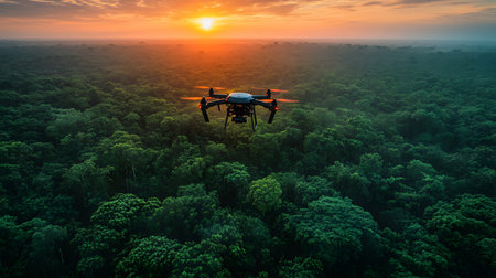 A drone uses AI tracking systems to monitor animals in a lush wildlife preserve. Great for conservation, research, and environmental themes.の写真素材