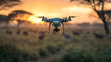 A drone uses AI tracking systems to monitor animals in a lush wildlife preserve. Great for...