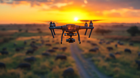 A drone uses AI tracking systems to monitor animals in a lush wildlife preserve. Great for...