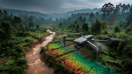 A drone uses AI tracking systems to monitor animals in a lush wildlife preserve. Great for conservation, research, and environmental themes.の写真素材