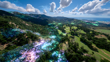 A drone uses AI tracking systems to monitor animals in a lush wildlife preserve. Great for...