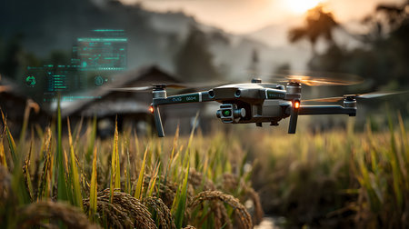 A drone flying above green rice fields during sunset, scanning crops with AI technology. Perfect for agriculture, smart farming, and tech applications.の写真素材