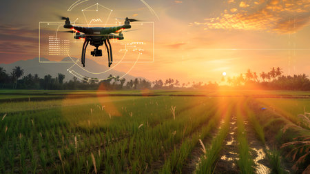 A drone flying above green rice fields during sunset, scanning crops with AI technology. Perfect for...