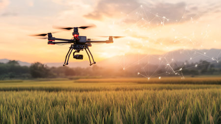 A drone flying above green rice fields during sunset, scanning crops with AI technology. Perfect for...